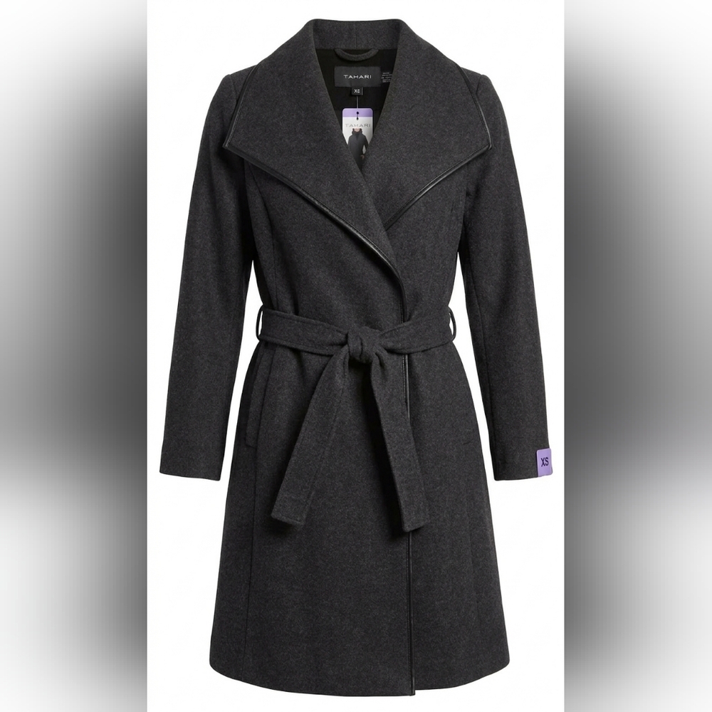 New Tahari Dark Charcoal Wrap Front Belted Trench Coat For Women Size XS - Picture 1 of 4